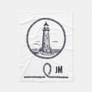 Lighthouse at the sea in round rope frame fleece blanket