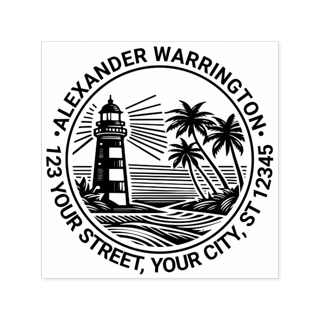 Lighthouse Beach Palm Trees Name Ret Address Self-inking Stamp (Design)