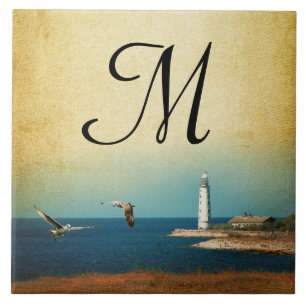 Lighthouse Beach Scene Monogram Display Tile