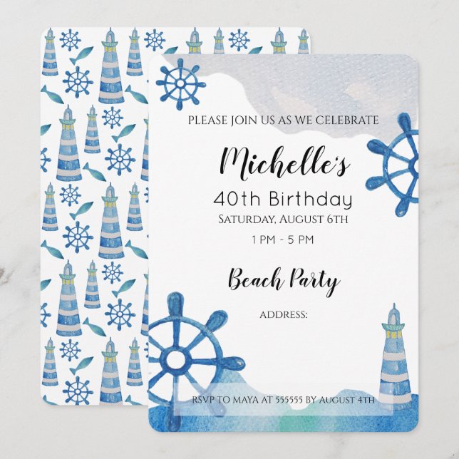 Lighthouse Beach Watercolor Hand-painted Invitatio Invitation (Front/Back)
