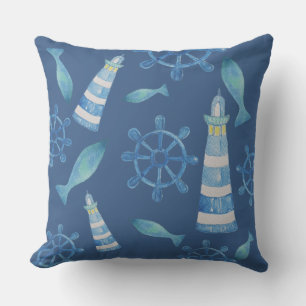 Lighthouse Beach Watercolor Hand-painted Outdoor P Pillow