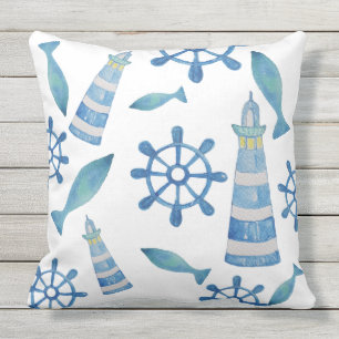 Lighthouse Beach Watercolor Hand-painted Outdoor Pillow