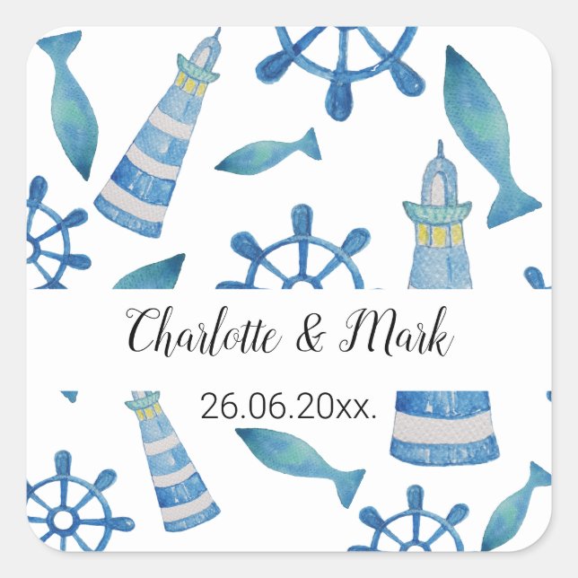 Lighthouse Beach Watercolor Hand-painted Square Sticker (Front)