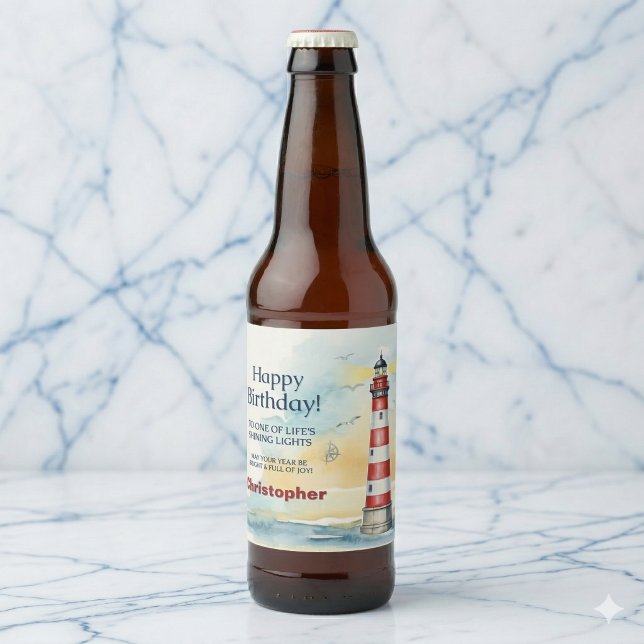 Lighthouse Birthday Shining Light Personalized Beer Bottle Label (The ultimate thoughtful surprise for their special day.)