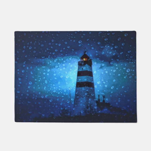 Lighthouse blue a rainy dark night with drops doormat (Front)