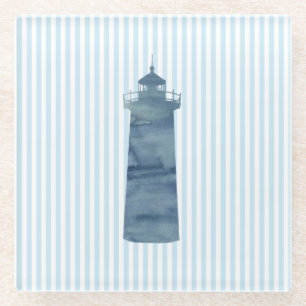 Lighthouse Blue Stripe Beach Decor Glass Coaster