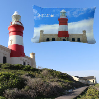 Lighthouse Blue White and Red Photographic Named Lumbar Pillow