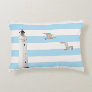 Lighthouse blue white nautical stripes accent pillow