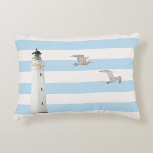 Lighthouse blue white nautical stripes accent pillow