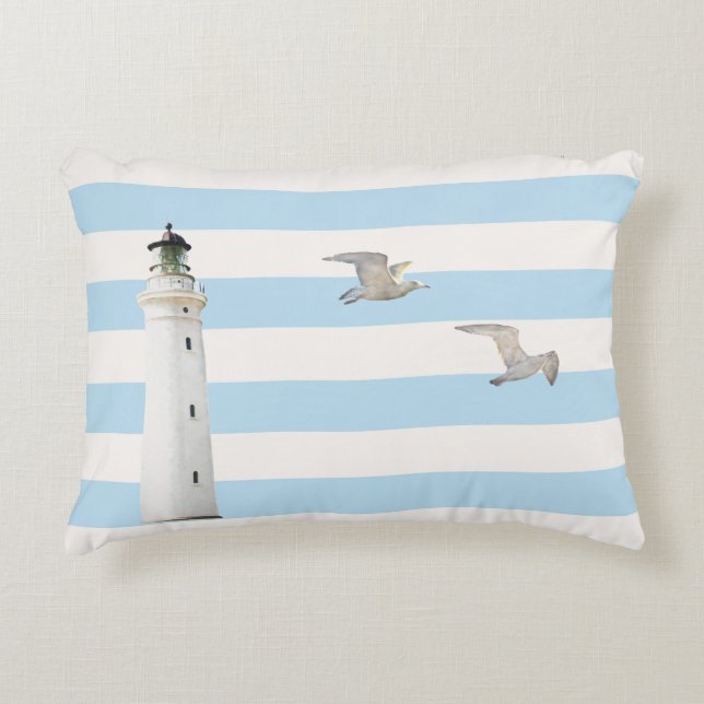Lighthouse blue white nautical stripes accent pillow (Front)