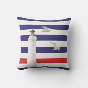 Lighthouse blue white red nautical stripes throw pillow