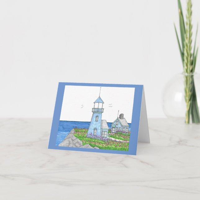 Lighthouse Blues; Folded Note Card; Darker Blue Card (Front)