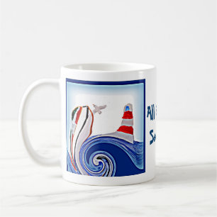 Lighthouse Boat on Stormy Seas Coffee Mug