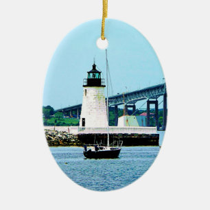 Lighthouse, Bridge and Boats, Newport, RI Ceramic Ornament