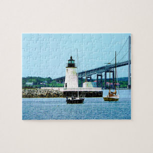 Lighthouse, Bridge and Boats, Newport, RI Jigsaw Puzzle