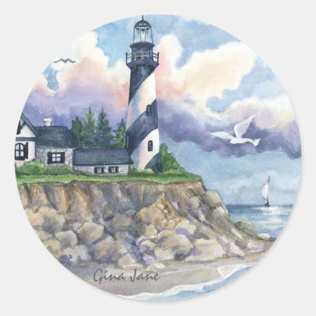 Lighthouse by the Sea Classic Round Sticker (Front)