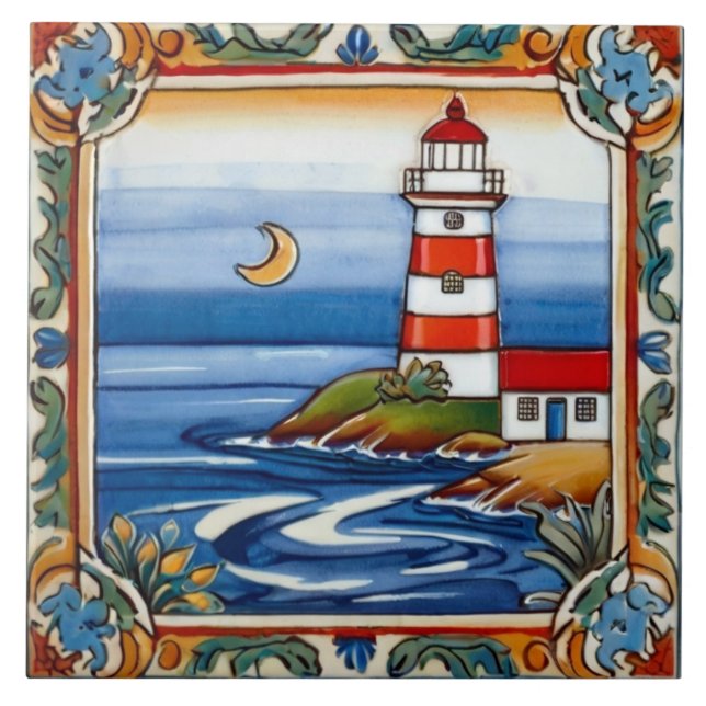 Lighthouse by the Sea Ocean Colourful Beach House Tile (Front)
