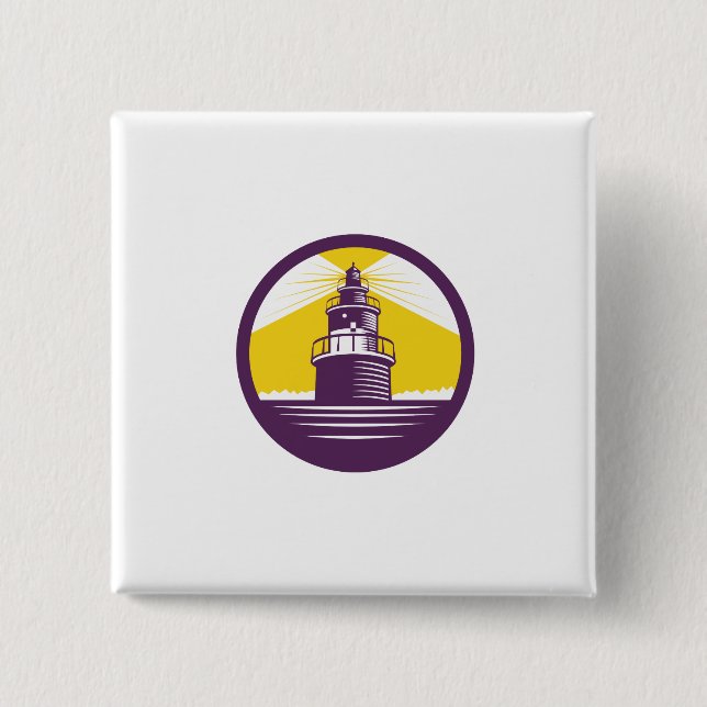 Lighthouse Circle Woodcut 2 Inch Square Button (Front)