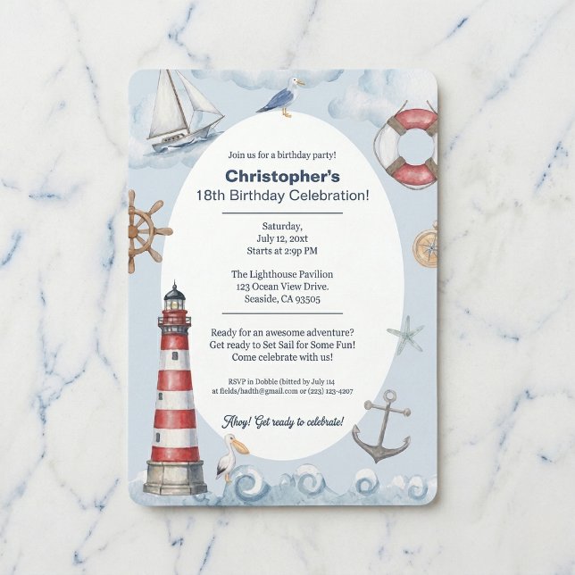 Lighthouse Coastal Birthday Celebration Invitation (Classic nautical party vibes.)