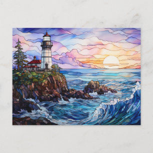 lighthouse coastal landscape stained glass style postcard