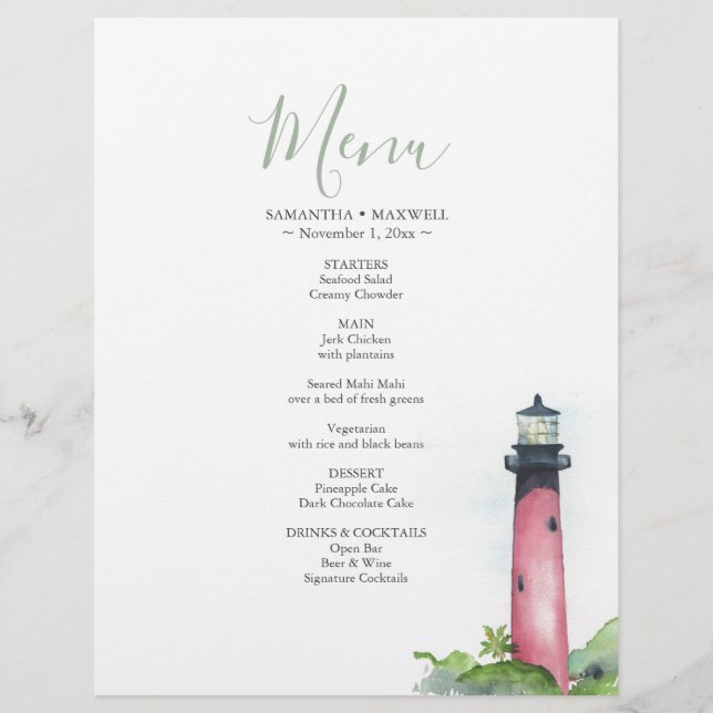 Lighthouse Coastal Watercolor Wedding Menu (Front)