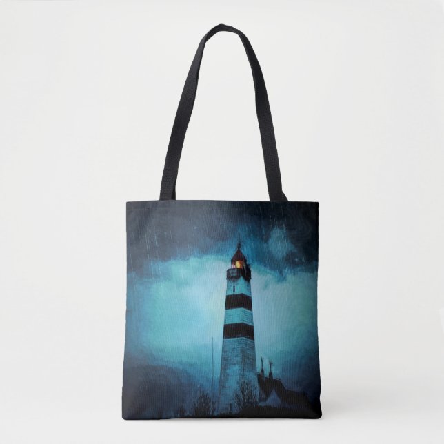 Lighthouse dark blue rainy night nautical tote bag (Front)
