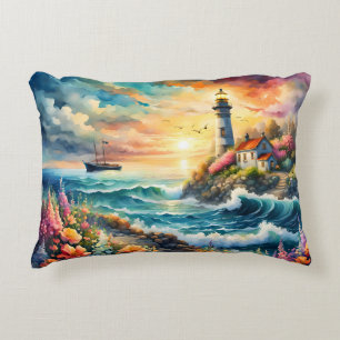 Lighthouse Floral garden on the Sea Accent Pillow