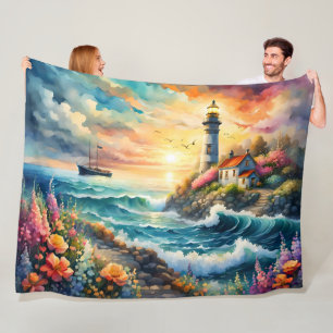 Lighthouse Floral garden on the Sea Fleece Blanket