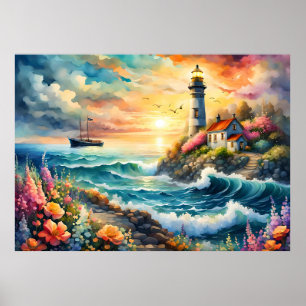 Lighthouse Floral garden on the Sea Poster
