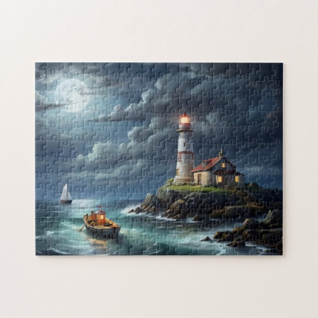 Lighthouse full moon empty row boat jigsaw puzzle (Horizontal)