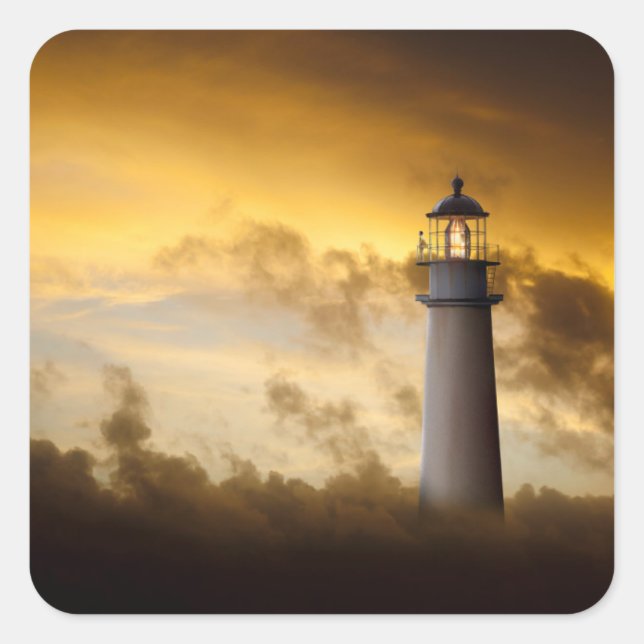 Lighthouse Glowing under Dramatic Sky Square Sticker (Front)
