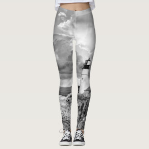 Lighthouse Grey Black White Clouds Seascape Ocean Leggings