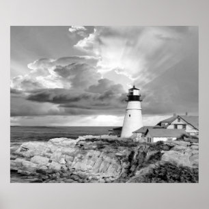 Lighthouse Grey Black White Clouds Seascape Ocean Poster