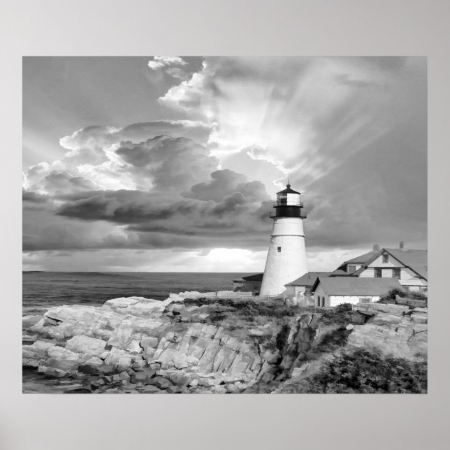 Lighthouse Grey Black White Clouds Seascape Ocean Poster (Front)