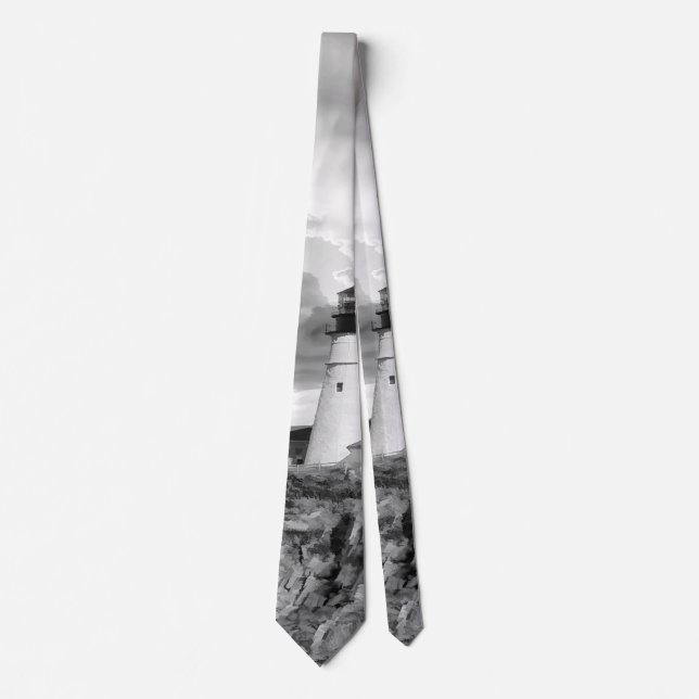 Lighthouse Grey Black White Clouds Seascape Ocean Tie (Front)
