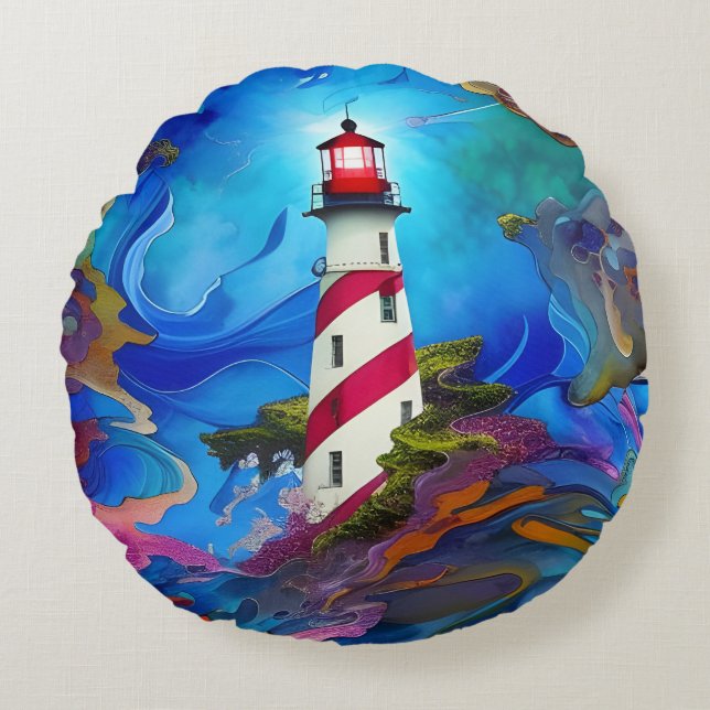 Lighthouse in a Storm Poster Round Pillow (Front)