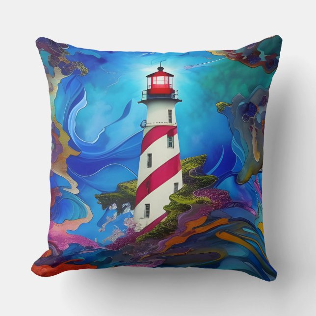 Lighthouse in a Storm Poster Throw Pillow (Front)
