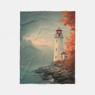 Lighthouse in Autumn Fall Fleece Blanket