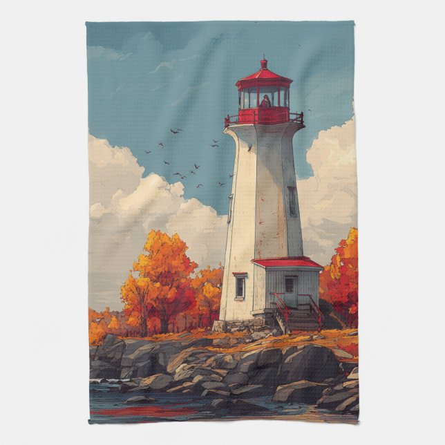 Lighthouse in Autumn Fall Kitchen Towel (Vertical)