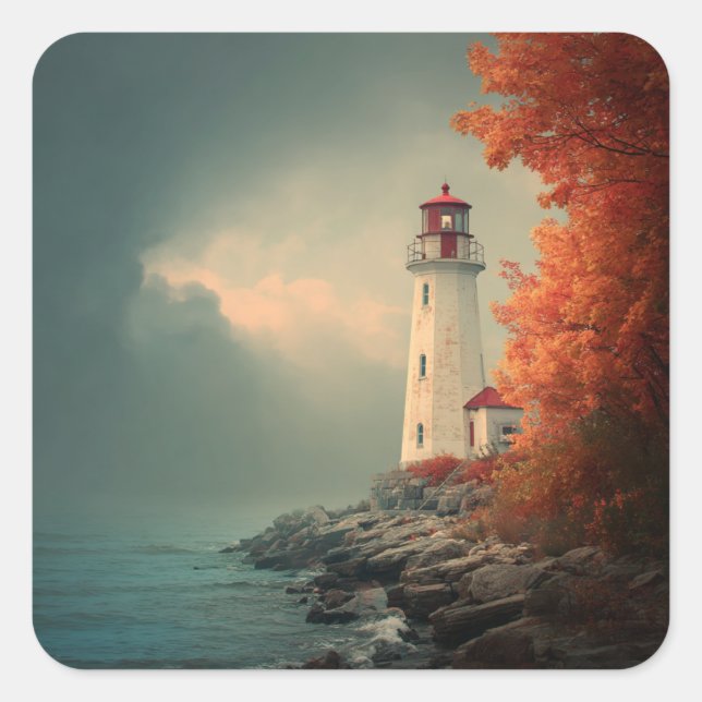 Lighthouse in Autumn Fall Square Sticker (Front)