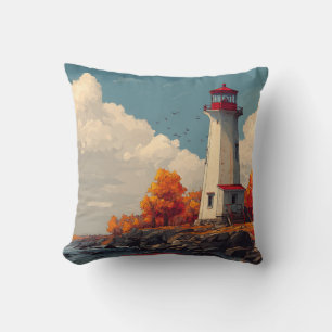 Lighthouse in Autumn Fall Throw Pillow