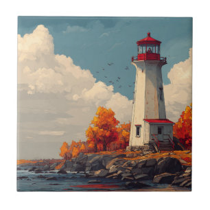 Lighthouse in Autumn Fall Tile