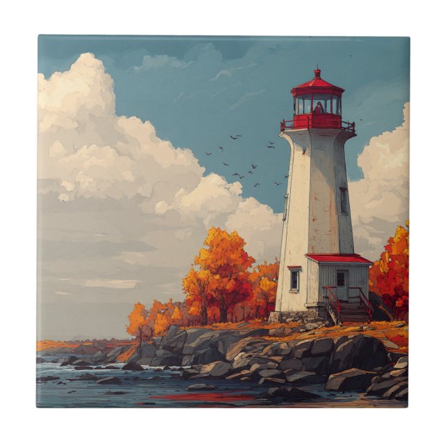 Lighthouse in Autumn Fall Tile (Front)