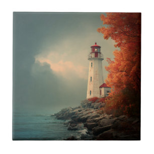 Lighthouse in Autumn Fall Tile