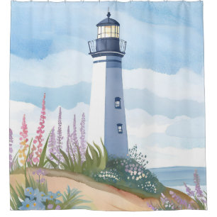 Lighthouse in Bloom   Coastal Watercolor Floral
