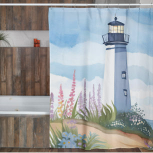 Lighthouse in Bloom   Coastal Watercolor Floral