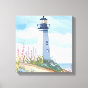 Lighthouse in Bloom   Coastal Watercolor Floral Canvas Print