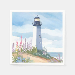 Lighthouse in Bloom   Coastal Watercolor Floral Napkin