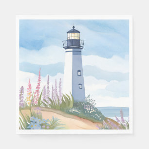 Lighthouse in Bloom Coastal Watercolor Floral Napkin