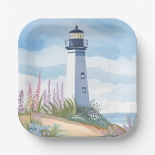 Lighthouse in Bloom   Coastal Watercolor Floral Paper Plate